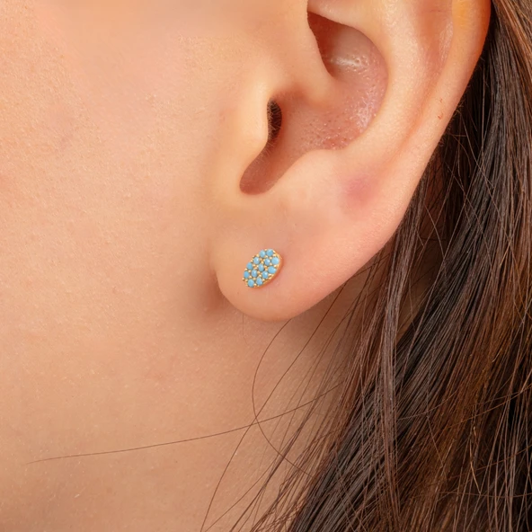 Altın Küpe - 14 Ayar Altın Sıralı Firuze (Turkuaz) Taşlı Küpe