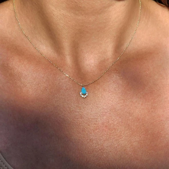 Altın Kolye - 0.50 CT Turkuaz (Firuze) 0.25 Pırlanta Damla Ay 14 Ayar Kolye- Doğal Taşlı Altın Kolye - Resim 2
