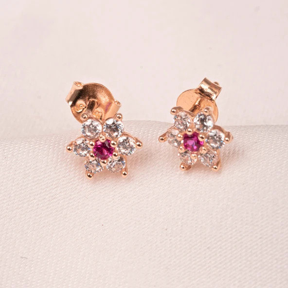 Altın Küpe - 14 Ayar Altın Ruby Taşlı Çiçek Desenli Küpe - 7