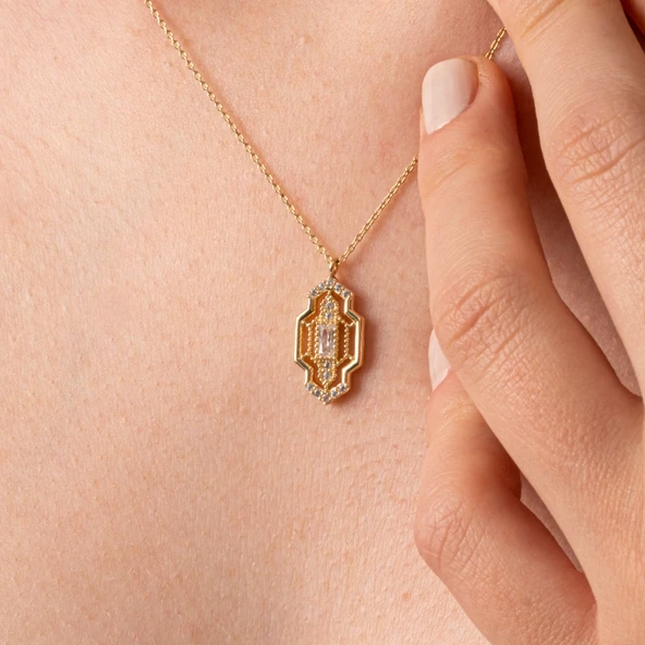 Altın Kolye - Baget Taşlı Şık Tasarım 14 Ayar Altın Kolye - 4