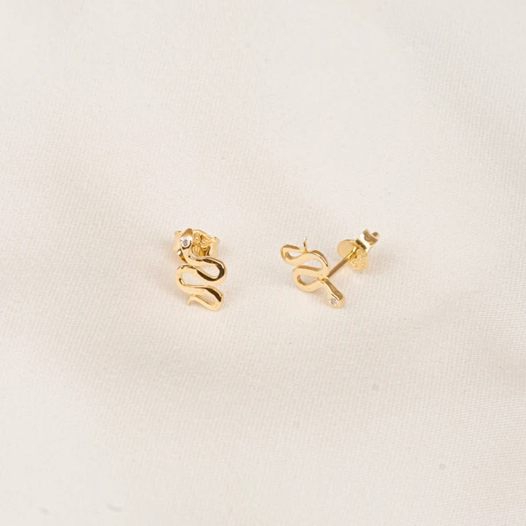 Altın Küpe - 14 Ayar Altın Yılan Desenli Taşlı Minimal Küpe - 4