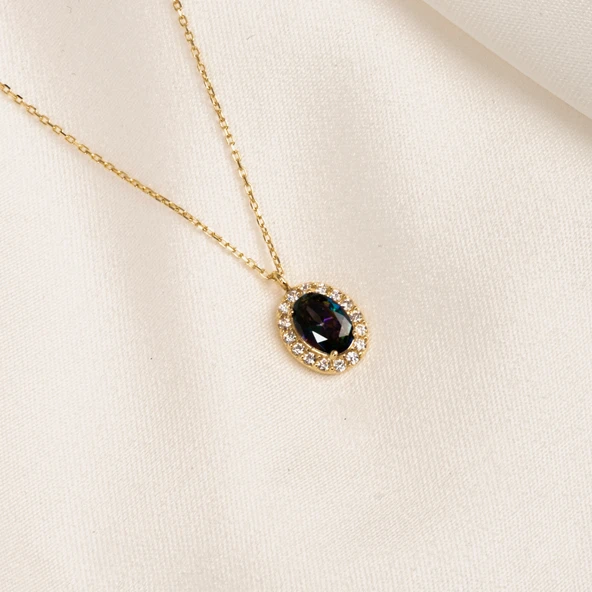Altın Kolye - Oval Mistik Topaz Taşlı Vintage Tasarım 14 Ayar Altın Kolye - Resim 8