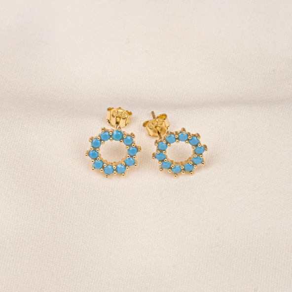 Altın Küpe - 14 Ayar Altın Yuvarlak Firuze (Turkuaz) Taşlı Küpe - 5