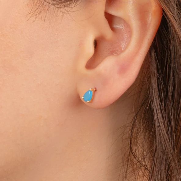 Altın Küpe - 14 Ayar Altın Damla Modelli Firuze (Turkuaz) Taşlı Küpe - 3