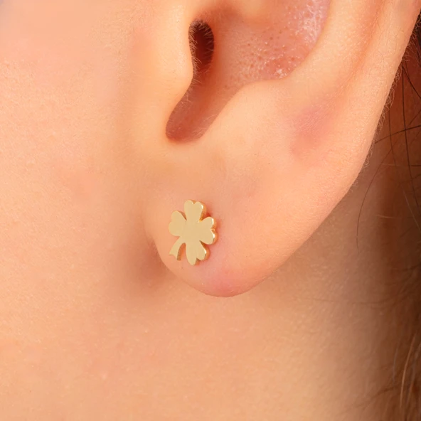 Altın Küpe - 14 Ayar Altın Minimal Yonca Yaprağı Küpe - 2