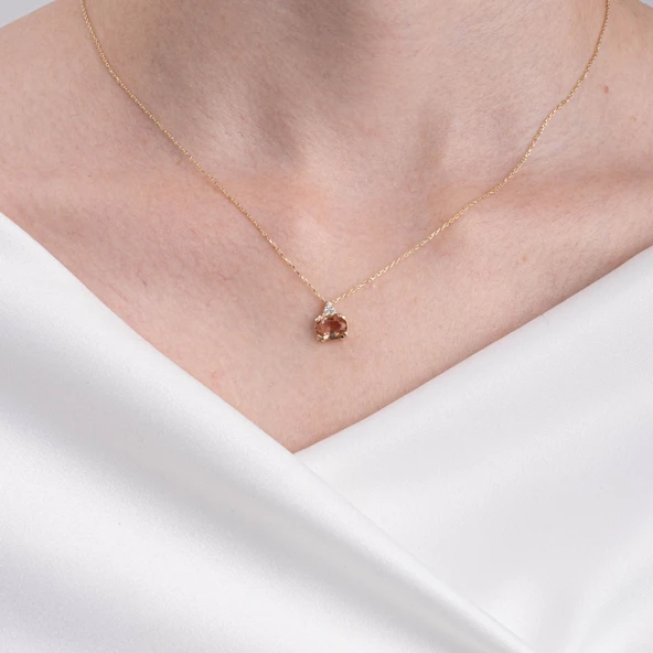 Altın Kolye - 1.15 CT Zultanit 0.20CT Swarovski Modern Tasarım Minimal Doğal Taş 14 Ayar Altın Kolye - Resim 4