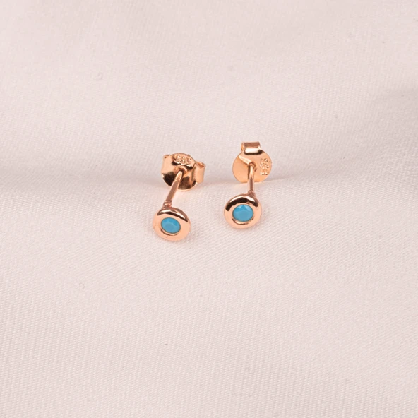 Altın Küpe - 14 Ayar Altın Minimal Firuze (Turkuaz) Taşlı  Küpe - 7