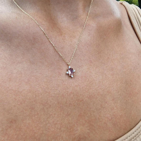 Altın Kolye - 1.25 CT Zultanit 0.25 CT Swarovski Taşlı Dikdörtgen Tasarım 14 Ayar Altın Kolye - Resim 4