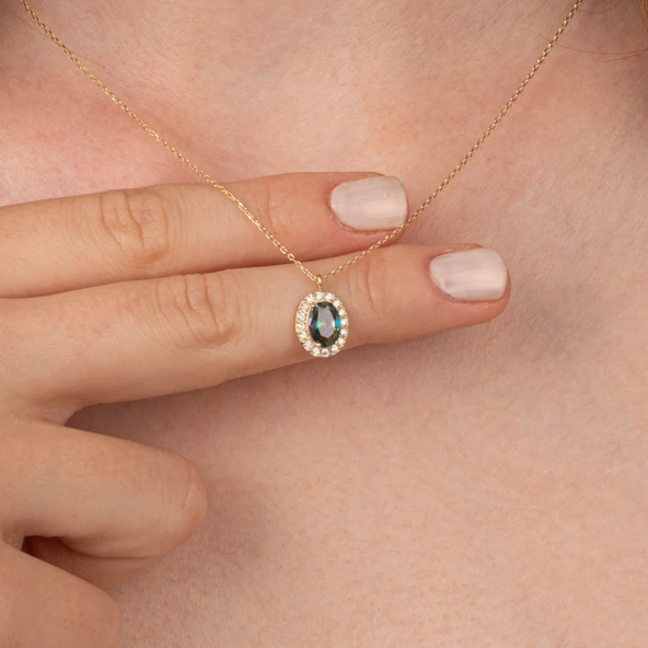 Altın Kolye - Oval Mistik Topaz Taşlı Vintage Tasarım 14 Ayar Altın Kolye - Resim 3