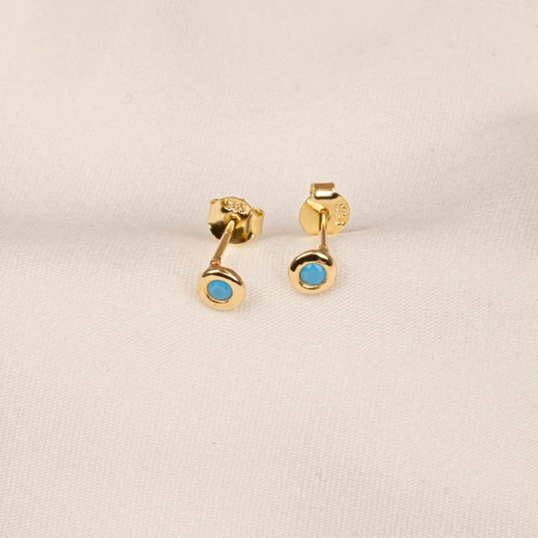 Altın Küpe - 14 Ayar Altın Minimal Firuze (Turkuaz) Taşlı  Küpe - 6