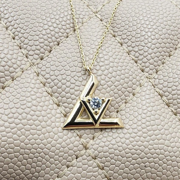 Altın Kolye - 0.20 Karat Pırlanta Möntürü (Signity Swarovski) Taşlı V Tasarım 14 Ayar Altın Kolye - Resim 5