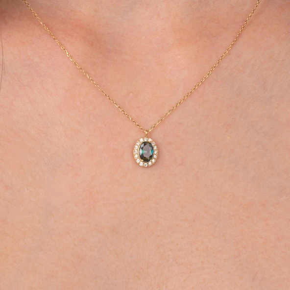 Altın Kolye - Oval Mistik Topaz Taşlı Vintage Tasarım 14 Ayar Altın Kolye - Resim 4