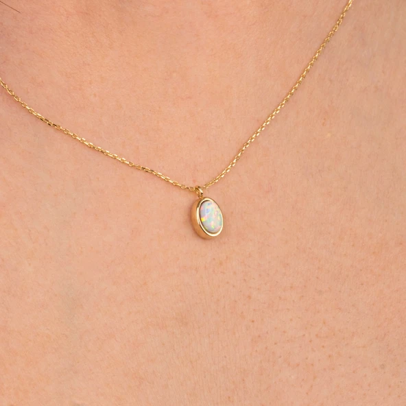 Altın Kolye - Opal Oval Taşlı 14 Ayar Altın Kolye ürün görseli 1