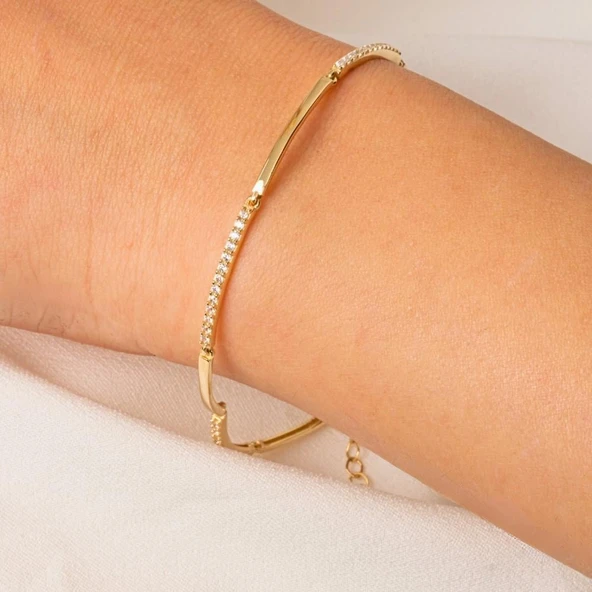 Altın Bileklik - Sıra Taşlı Modern Tasarım Şık 14 Ayar Altın Bileklik