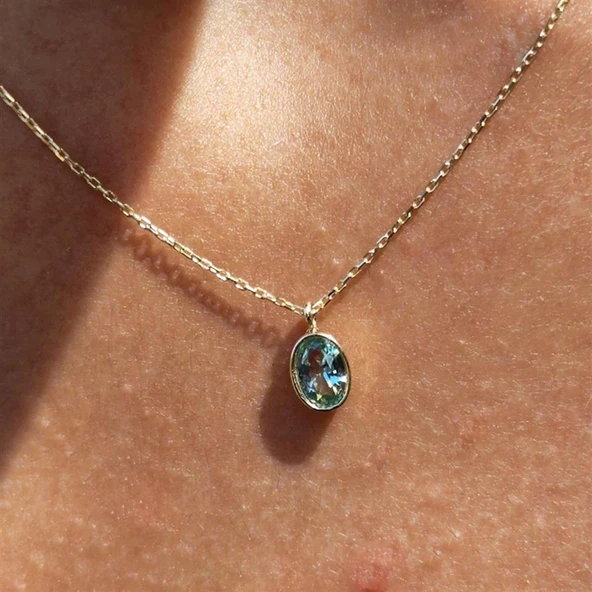 Altın Kolye - 1.05 CT Green Topaz Taşlı 14 Ayar Altın Modern Kolye- Green Topaz Tasarım Hediye Kolye - Resim 8