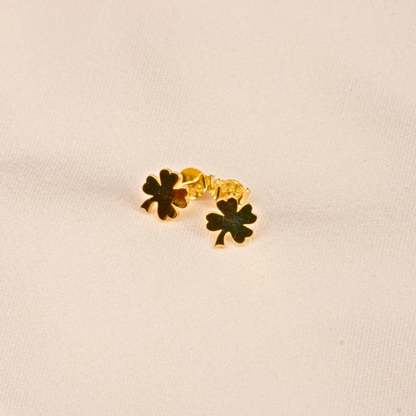 Altın Küpe - 14 Ayar Altın Minimal Yonca Yaprağı Küpe - 4