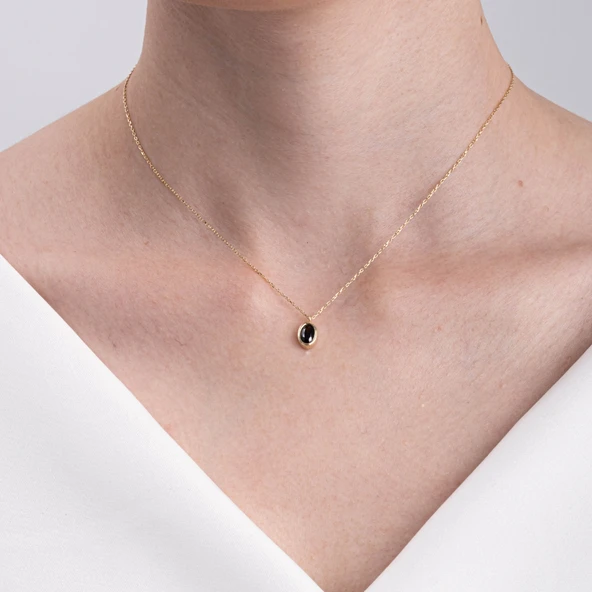 Altın Kolye - Smoky Taşlı Oval Çerçeveli Sade Minimal Tasarım Tarz 14 Ayar Altın Kolye - 4