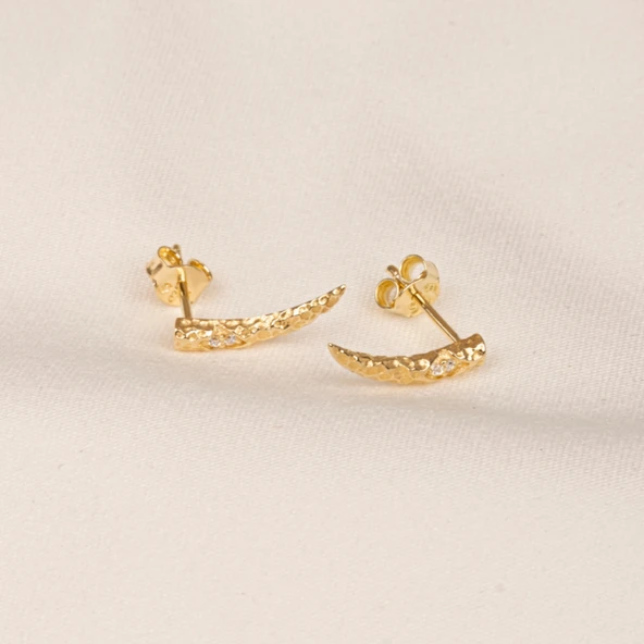 Altın Küpe - 14 Ayar Altın Minimal Taşlı Dövülü Küpe - 4