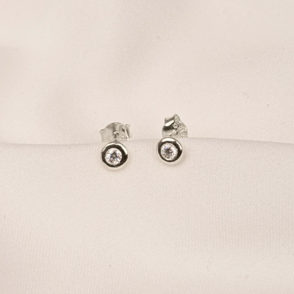 Altın Küpe - 14 Ayar Altın Minimal Yuvarlak Taşlı Küpe - 8