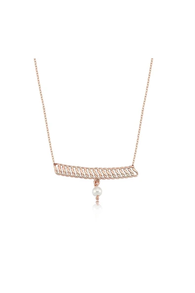 Altın Kolye - İnci Sallantılı Şerit Örgü 14 Ayar Altın Kolye