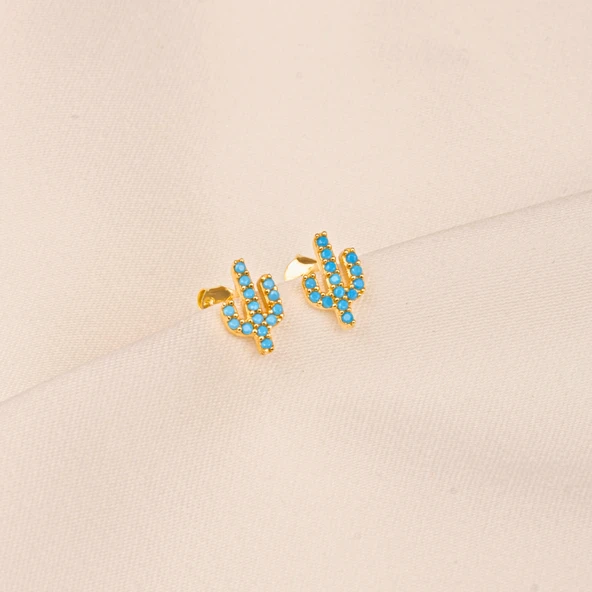 Altın Küpe - 14 Ayar Altın Minimal Kaktüs Modelli Firuze (Turkuaz) Taşlı Küpe - 4