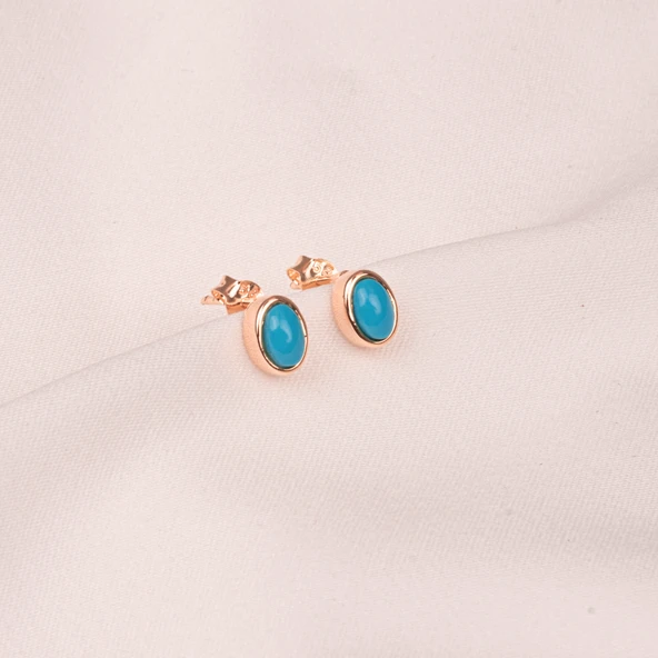 Altın Küpe - 14 Ayar Altın Firuze (Turkuaz) Taşlı Oval Küpe - 7