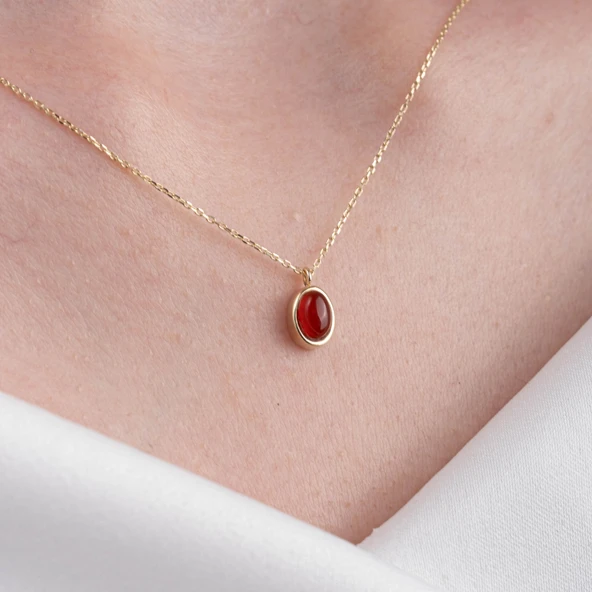 Altın Kolye - Bombeli Akik Taşlı Sade Minimal Tasarım 14 Ayar Altın Kolye - 2