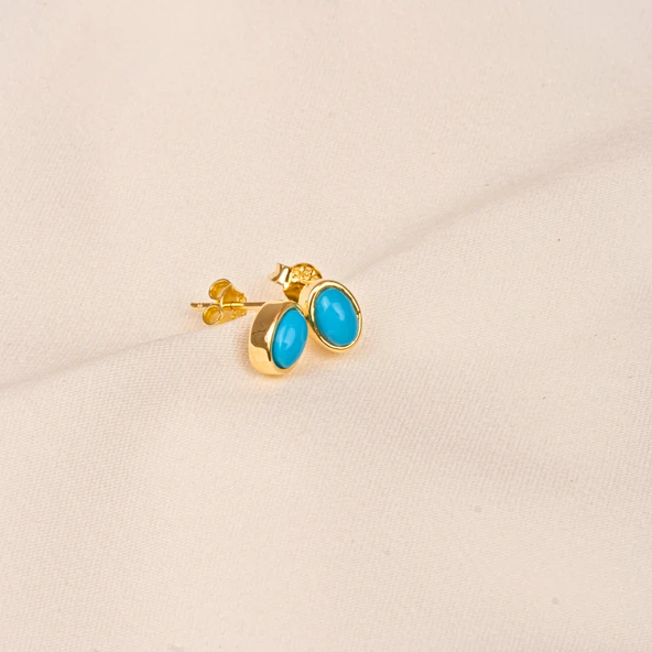 Altın Küpe - 14 Ayar Altın Firuze (Turkuaz) Taşlı Oval Küpe - 4