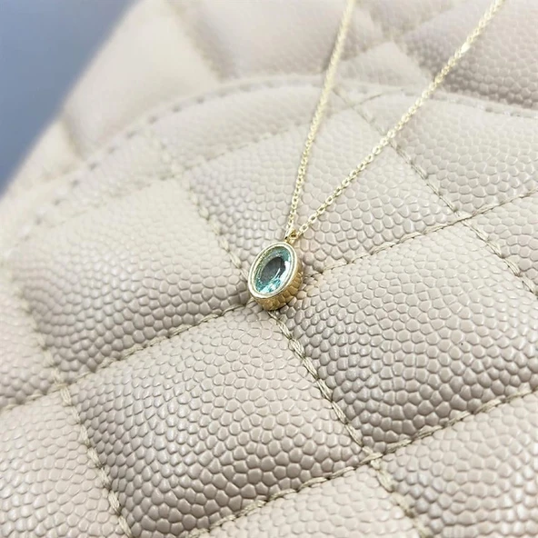 Altın Kolye - 1.05 CT Green Topaz Taşlı 14 Ayar Altın Modern Kolye- Green Topaz Tasarım Hediye Kolye - Resim 3