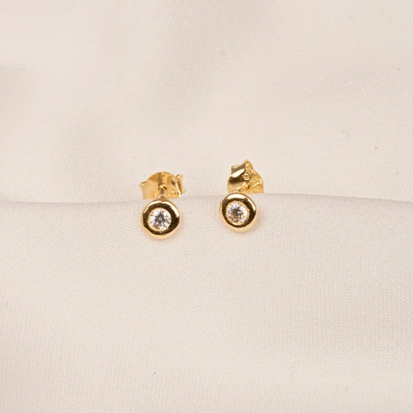 Altın Küpe - 14 Ayar Altın Minimal Yuvarlak Taşlı Küpe - 6