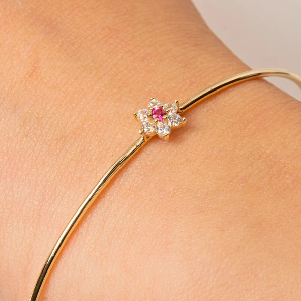 Altın Bilezik - Yakut Taşlı Çiçek Tasarım Zarif 14 Ayar Altın Bilezik - 2