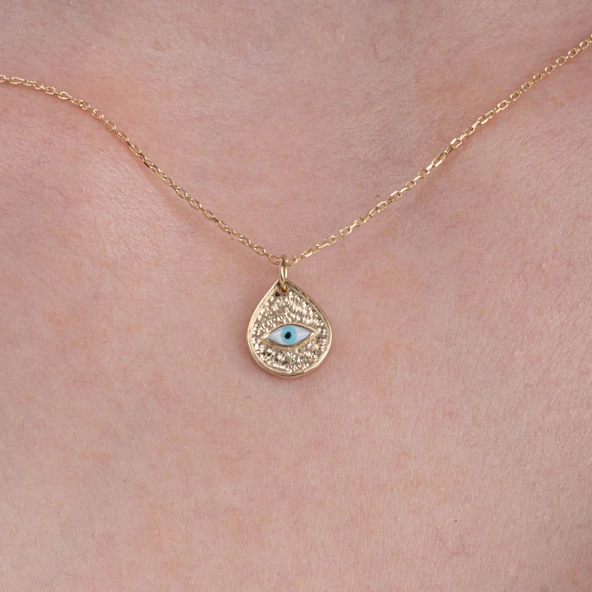 Altın Kolye - Damla Mekik Gözlü Çift Renk Mineli 14 Ayar Altın Kolye - İki Farklı Renkte Altın Kolye - Resim 2