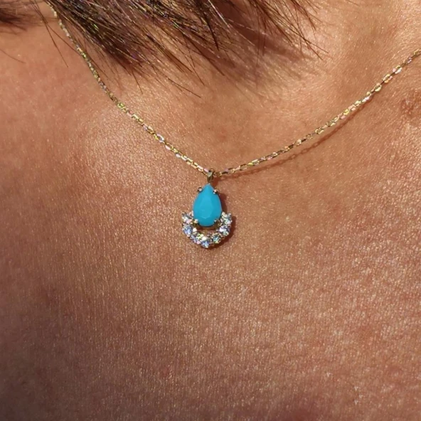 Altın Kolye - 0.50 CT Turkuaz (Firuze) 0.25 Pırlanta Damla Ay 14 Ayar Kolye- Doğal Taşlı Altın Kolye - Resim 4