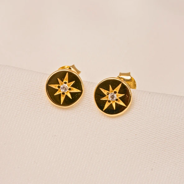 Altın Küpe - 14 Ayar Altın Kutup Yıldızı Taşlı Küpe - 4