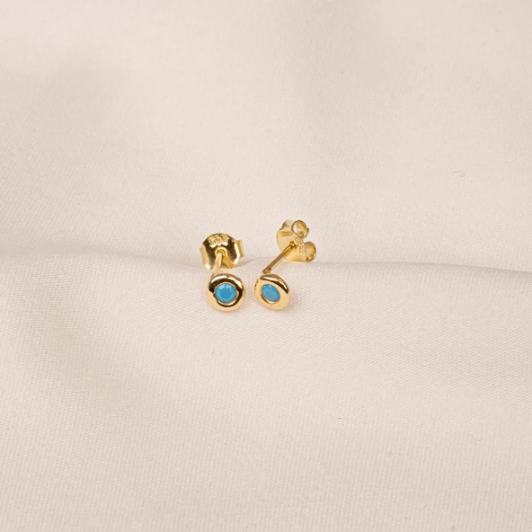 Altın Küpe - 14 Ayar Altın Minimal Firuze (Turkuaz) Taşlı  Küpe - 5