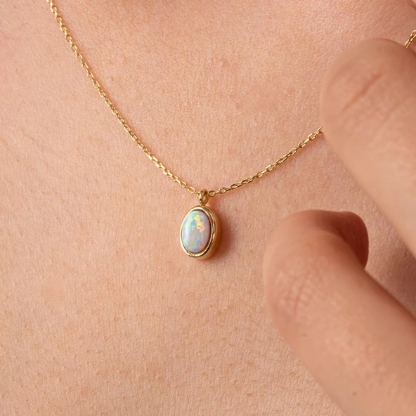 Altın Kolye - Opal Oval Taşlı 14 Ayar Altın Kolye - Resim 3