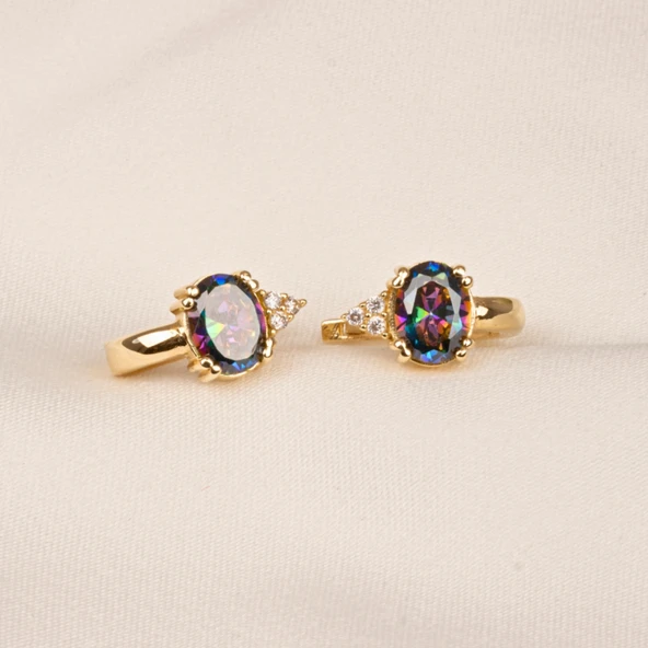 Altın Küpe - 14 Ayar Altın Oval Mistik Topaz Taşlı Tektaş Küpe - 4