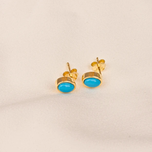 Altın Küpe - 14 Ayar Altın Firuze (Turkuaz) Taşlı Oval Küpe - 5
