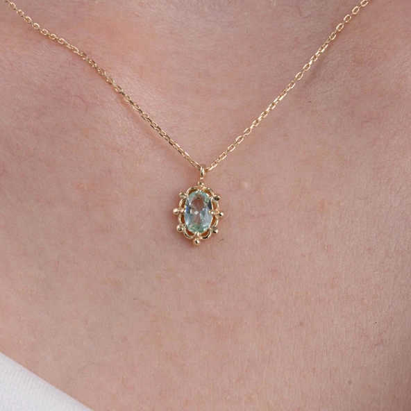 Altın Kolye - Vintage Tasarım Green Topaz (Su Yeşili) Taşlı 14 Ayar Altın Kolye - Resim 3