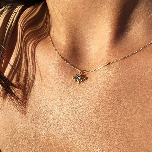 Altın Kolye - Kirpik Nazar Boncuğu Lacivert Mineli Tasarım Modern 14 Ayar Altın Koly e- Altın Kolye - 3