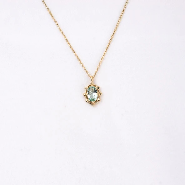 Altın Kolye - Vintage Tasarım Green Topaz (Su Yeşili) Taşlı 14 Ayar Altın Kolye - Resim 6