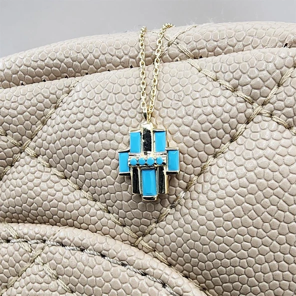 Altın Kolye - Çoklu Baget Enerji 14 Ayar Altın Kolye-Firuze Taşlı Baget Hediye 14 Ayar Altın Kolye - 7