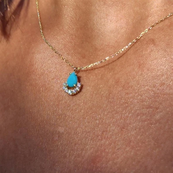 Altın Kolye - 0.50 CT Turkuaz (Firuze) 0.25 Pırlanta Damla Ay 14 Ayar Kolye- Doğal Taşlı Altın Kolye ürün görseli 1