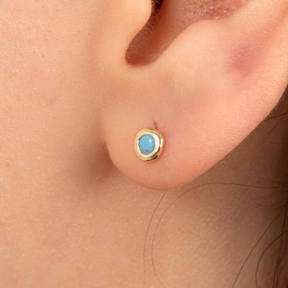 Altın Küpe - 14 Ayar Altın Minimal Firuze (Turkuaz) Taşlı Küpe
