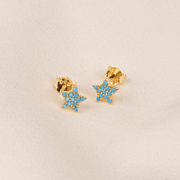 Altın Küpe - 14 Ayar Altın Firuze (Turkuaz) Taşlı Minimal Yıldız Küpe - 5