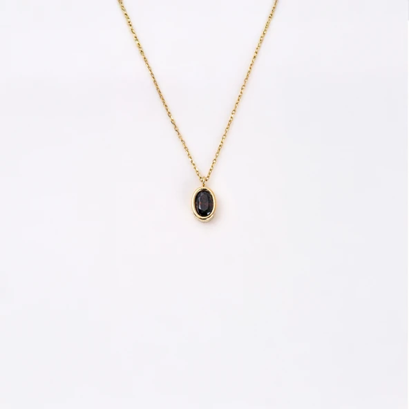 Altın Kolye - Smoky Taşlı Oval Çerçeveli Sade Minimal Tasarım Tarz 14 Ayar Altın Kolye - 2