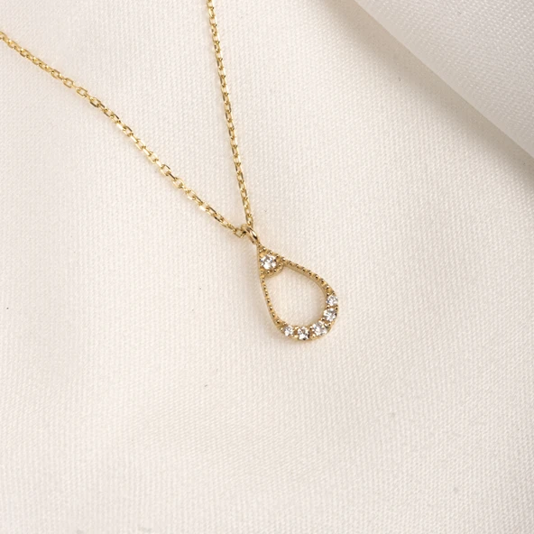 Altın Kolye - İçi Boş 0.30 CT Pırlanta(Signty)Taşlı Damla Figürlü Tasarım Modern 14 Ayar Altın Kolye - 3