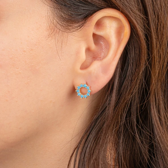 Altın Küpe - 14 Ayar Altın Yuvarlak Firuze (Turkuaz) Taşlı Küpe - 3