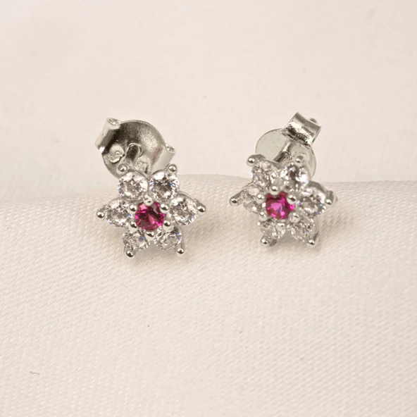 Altın Küpe - 14 Ayar Altın Ruby Taşlı Çiçek Desenli Küpe - 8