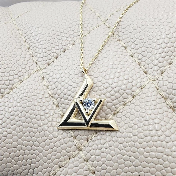 Altın Kolye - 0.20 Karat Pırlanta Möntürü (Signity Swarovski) Taşlı V Tasarım 14 Ayar Altın Kolye - Resim 4